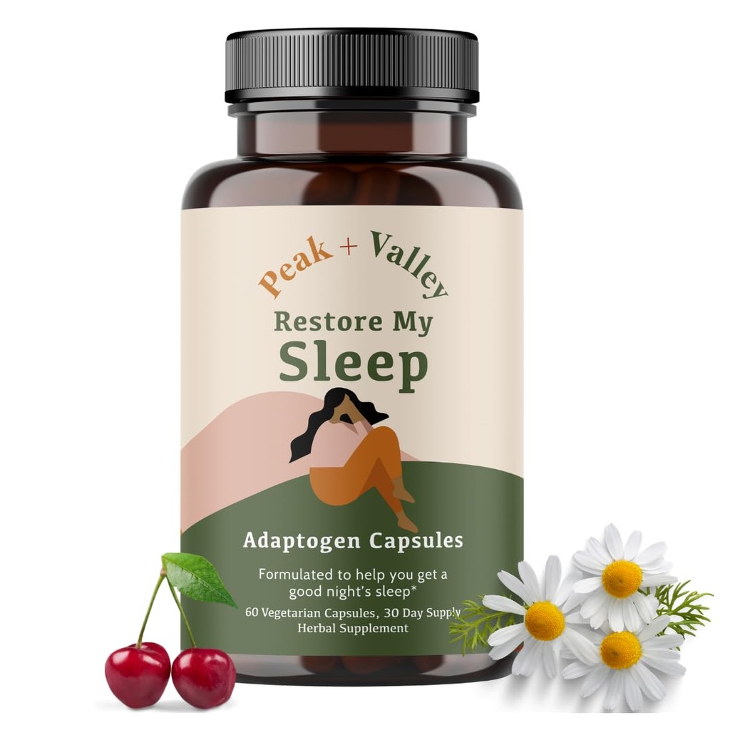 Peak + Valley Natural Sleep Aid for Adults - 60 Kapseln für Tiefschlaf - 3 mg Melatonin, L Theanine, Kamille, Ashwagandha - Natürliche Kräuterschlaf Pillen - Extra Strength Calming Sleep Aid