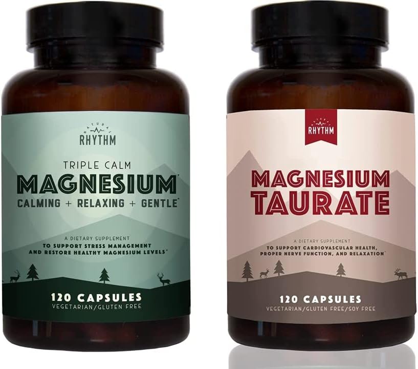 Natural Rhythm Day & Night Bundle - Triple Calm Magnesium 150mg, 120 Capsules + Magnesium Taurate 750mg (150mg of Elemental Magnesium) 120 Capsules