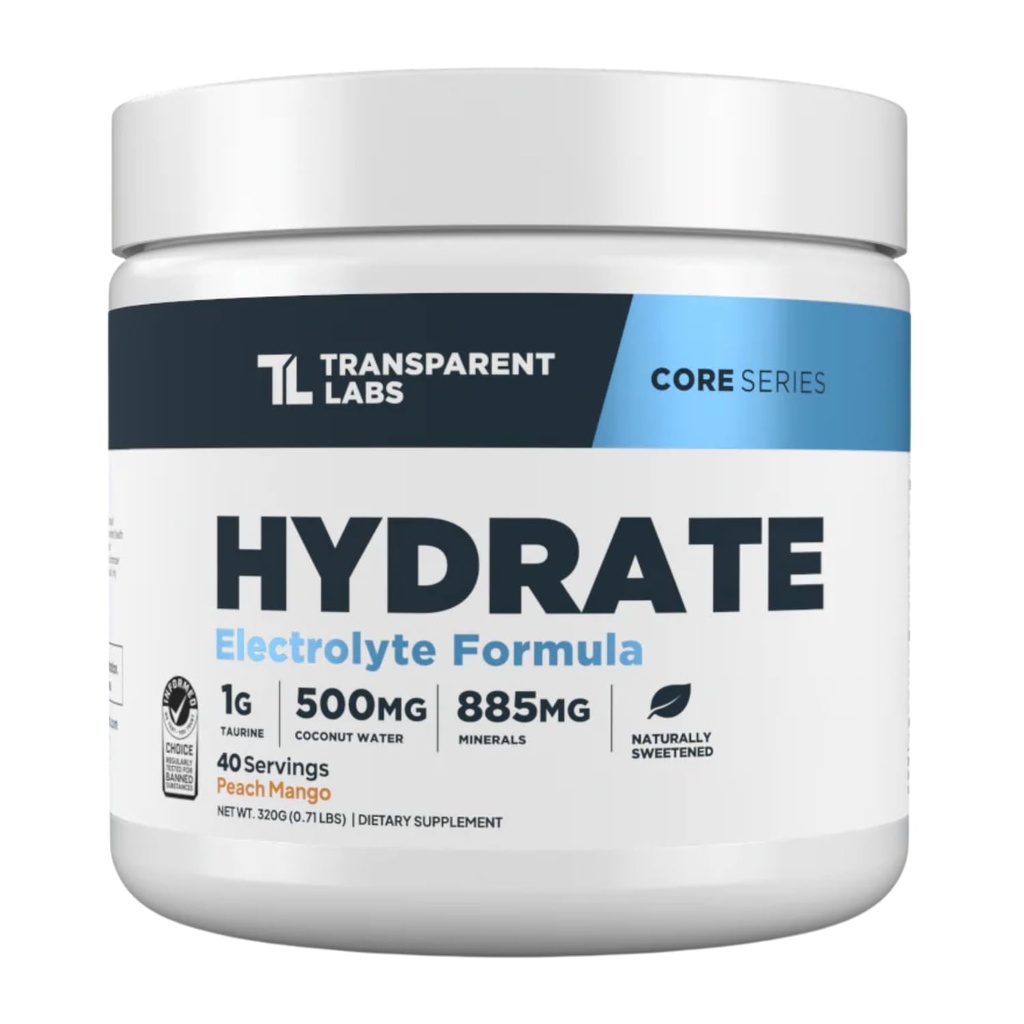 Transparent Labs Hydrate Natürlich gesüßte Elektrolyte Pulver - Hydration Pulver Elektrolyte mit Kokoswasser, Calcium, Taurine, & Kalium - 40 Servierungen, Peach Mango