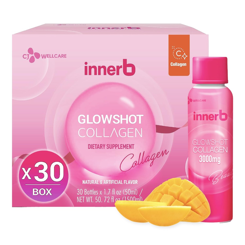CJwellcare Innerb Glowshot Collagen (50.7 fl oz, 30 portions) - Collagène liquide marin pour les femmes, 3000mg Collagen Peptides, Collagen Shots pour haute absorption, cheveux, peau et ongles Supplément