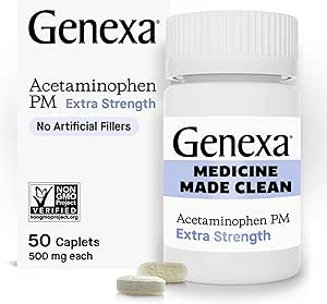 Genexa Clean Acetaminophen PM 500mg Extra Strength, Dye Free Pain Reliever, Nighttime Sleep Aid, Fever Reducer, 0% Künstliche Additive, Relieves Headache, Backache, Minor Arthritis Pain, 50 Tabletten