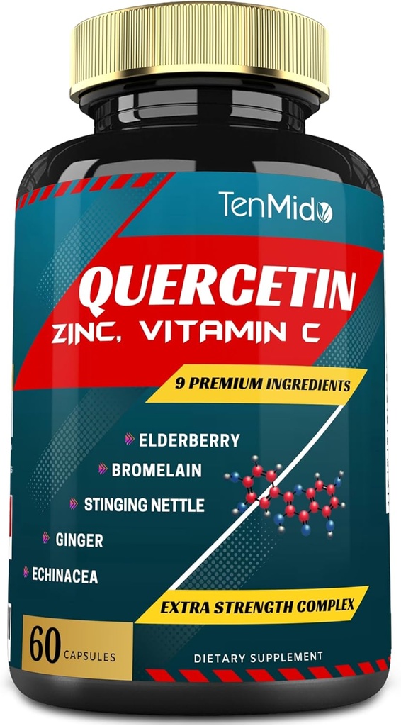 Capsules d'extrait de quercetine - Mélanger les ailerons, les bromelains, les gingembres, l'échinacées, le poivre noir et plus - 60 capsules, 2 mois d'approvisionnement