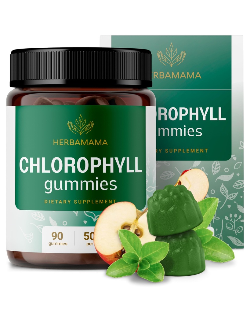 HERBAMAMAMA Chlorophyll Detox Gummies - 50mg Sodium Copper Chlorophyllin Deodorante interno per il supporto dell'odore del corpo - Vegan, Non OGM Antiossidante Supplement - 90 Pectin-Based Chews