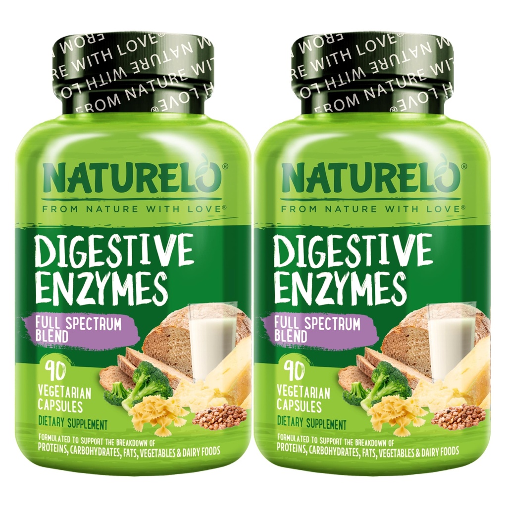NATURELO Verdauungsenzyme - Vollspektrum-Unterstützung mit einer breiten Mischung aus 15 Enzymen Plus Ginger - 90 Vegan Kapseln (Pack von 2)
