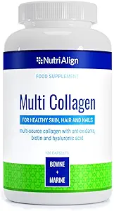 Nutri-Align Multi Collagen | 120 capsule di peptidi di collagene - 600 mg di collagene bovino & 400mg di collagene marino per porzione | Collagene per le donne Capelli, Pelle & Unghie con vitamine & Aminoacidi | Sugar Free