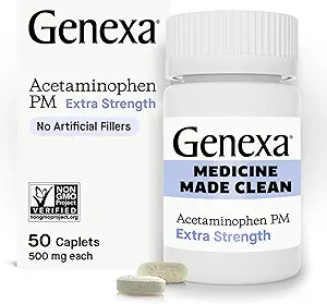 Genexa Clean Acetaminophen PM 500mg Extra Strength, Dye Free Pain Reliever, Nighttime Sleep Aid, Fever Reducer, 0% Künstliche Additive, Relieves Headache, Backache, Minor Arthritis Pain, 50 Tabletten