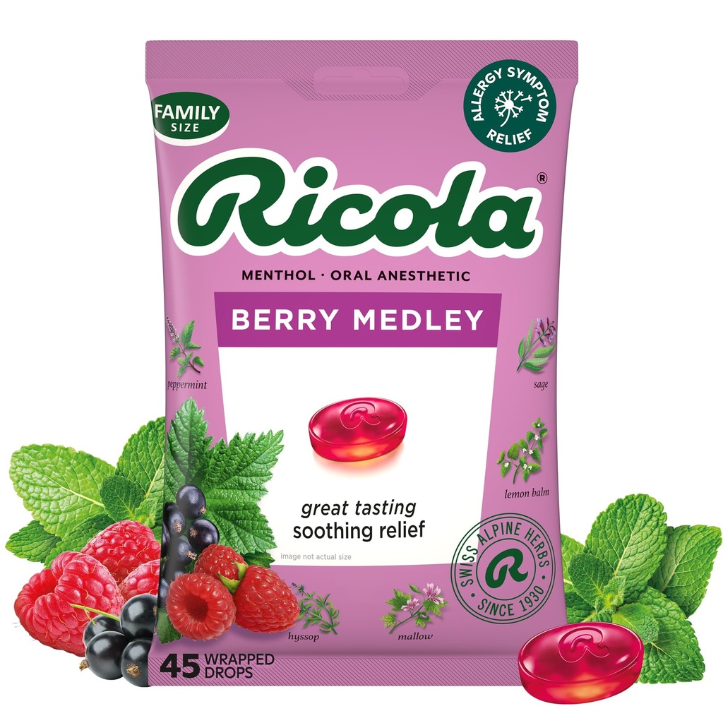 Ricola Berry Medley Throat Drops, 45 Count, Delicious Throat Relief & Care, Oral Anästhesie, Natürlich aromatisiert