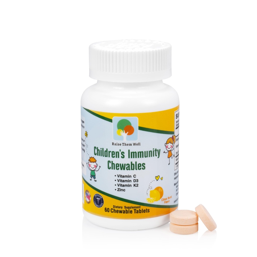 Raise Them Well Kinder Vitamin C & Immune Unterstützung, Citrus Chewables für Kinder, Natürliche Immun Booster mit Zink & Elderberry + Kinder Vitamin PDF, Arzt Formuliert, 60 Tasty Tablets