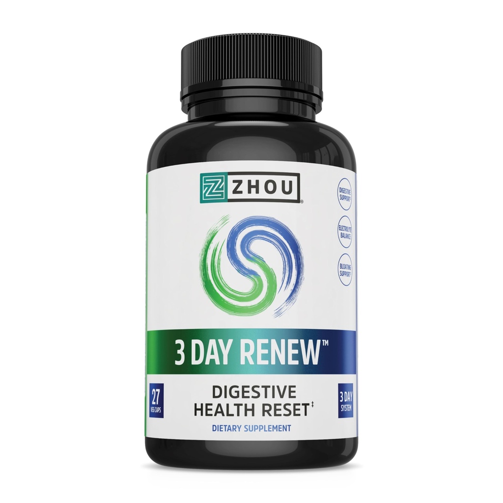 Zhou 3 Day Renew - Probiotici per la salute digestiva, Probiotici per gli uomini e le donne, Gut Health & Natural Reset Support Supplemento con Ginger e Aloe - 27 Veg Caps