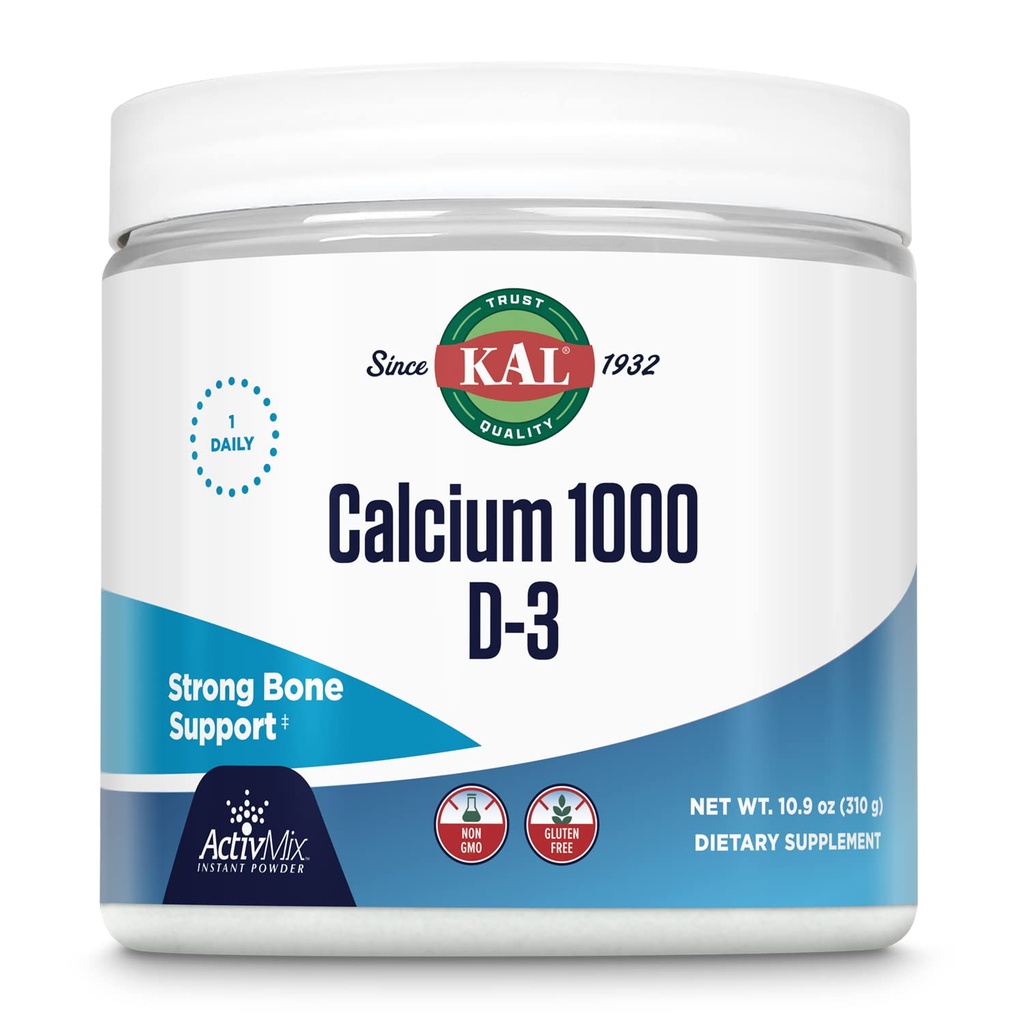 KAL Calcium Vitamina D-3 ActivMix, Polvere Calcium Supplemento, Biodisponibile Calcium Lattato e Gluconate, Bone Health Support, Non aromaed, Non-OGM, Gluten Free, 60-Day Guarantee, 31 Servings, 10.9 oz