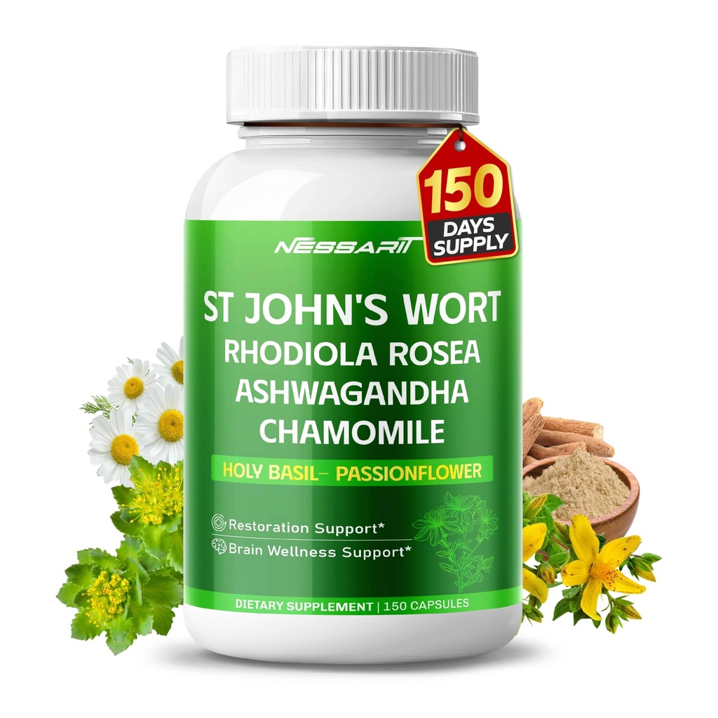 ST John's Wort 14-in-1 Natural Blend mit Rhodiola Ashwagandha Chamomile Holy Basil L-Theanine Valerian Passionflower - 150 Count - Made & Tested in The USA