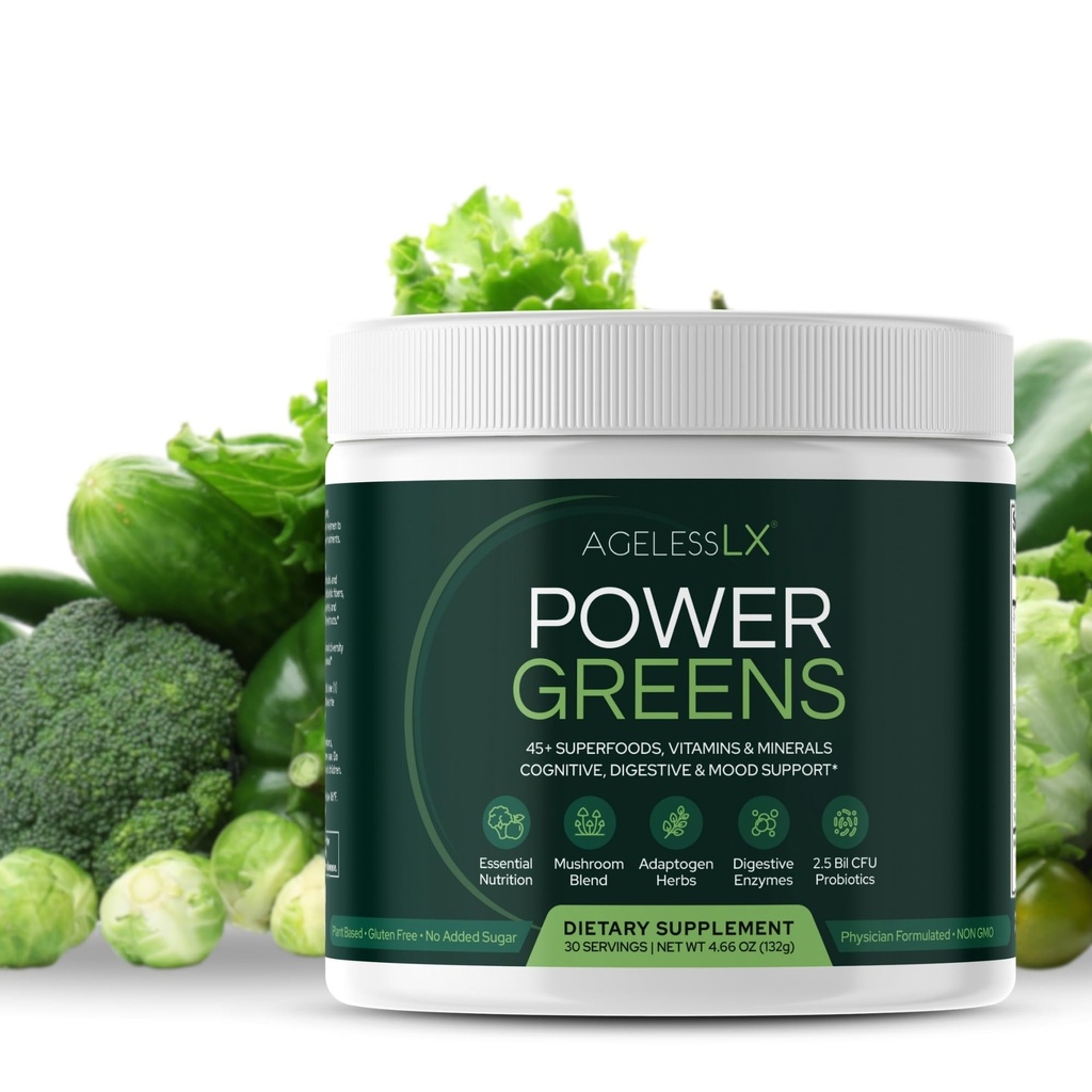 AgelessLX Power Greens, 42 Superfoods mit Probiotika, Enzymen und Prebiotic Fiber for Enhanced Energy, Immunity & Digestive Health, 30 Portionen