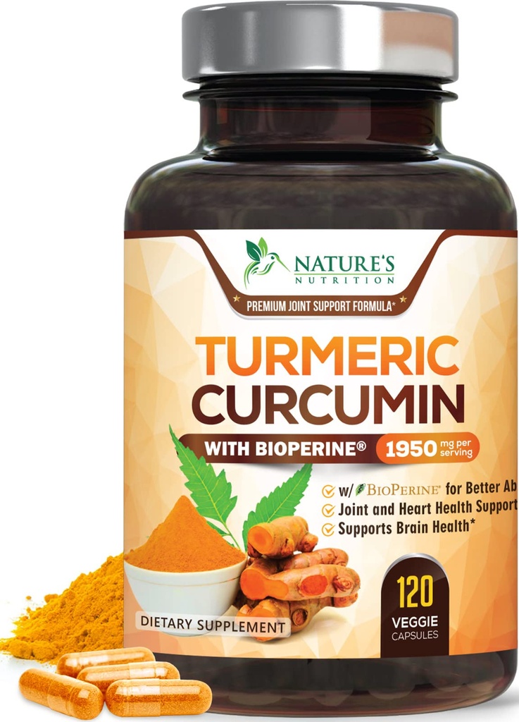 Kurkuminus-Ergänzung 1950mg - 95% Curcuminoide mit Organic Turmeric & BioPerine Black Pepper Extract für beste Absorption, Nature's Vegan Joint Support, Non-GMO, Bottled in USA - 120 Kapseln