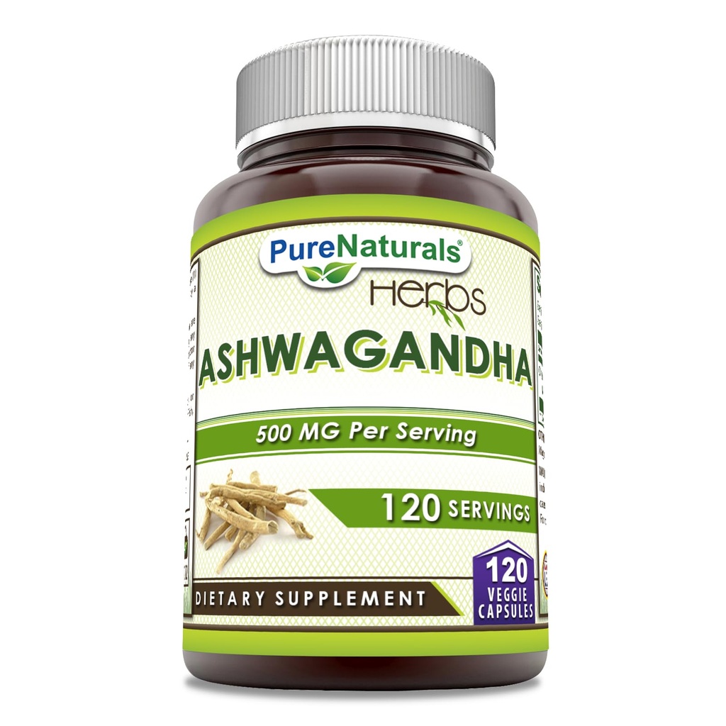 Pure Naturals Ashwagandha 500 Mg per Serving 120 capsule vegetali Supplemento | Fatto con naturale Ashwagandha | Non-GMO | Gluten Free | Made in USA