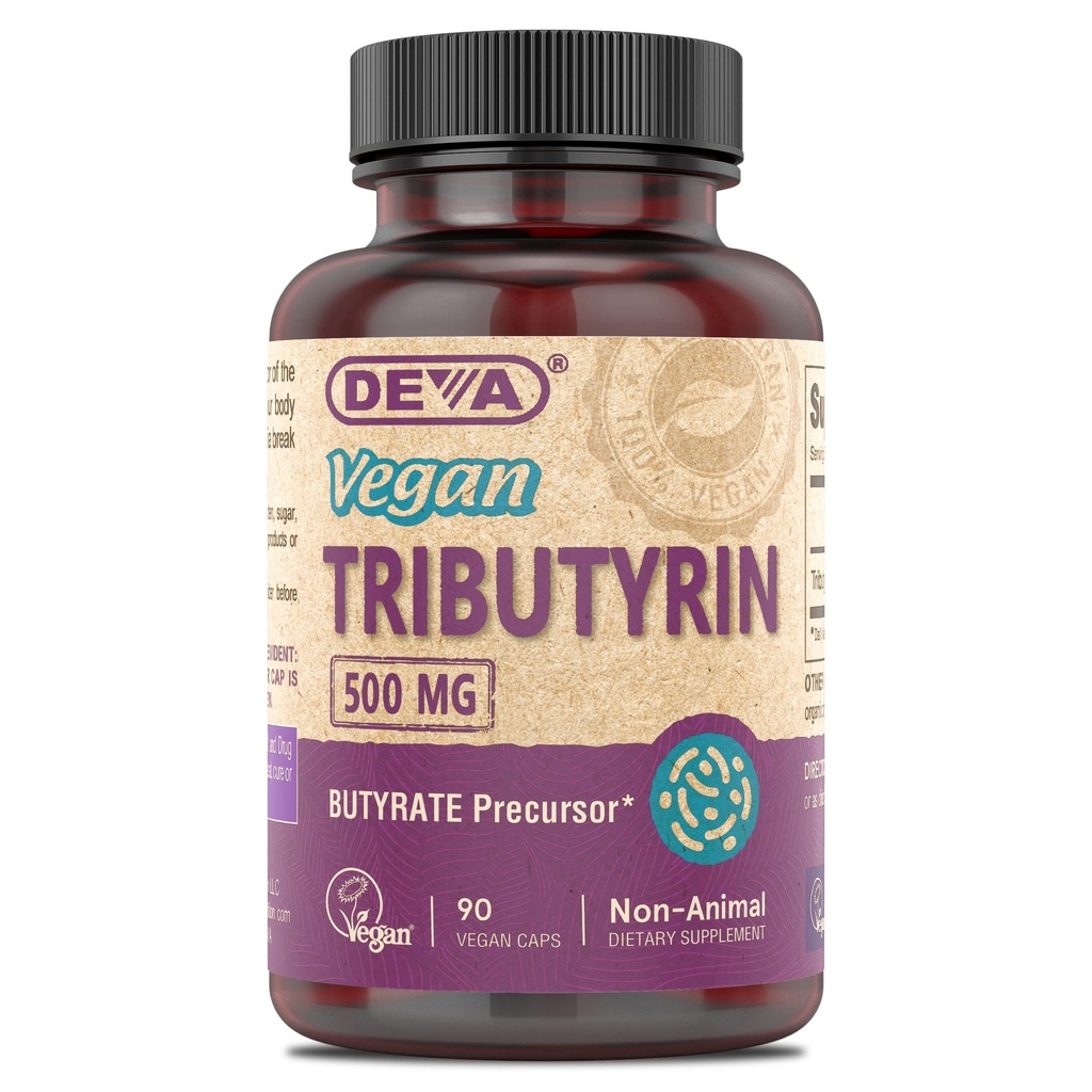 DEVA Vegan Tributyrin Supplemento - Precursore Butyrate, Gut Barrier Support, Acido Butirico, 500 MG Vegan Capsule, Supporto Gut Leaky, Digestione, 90 Conte