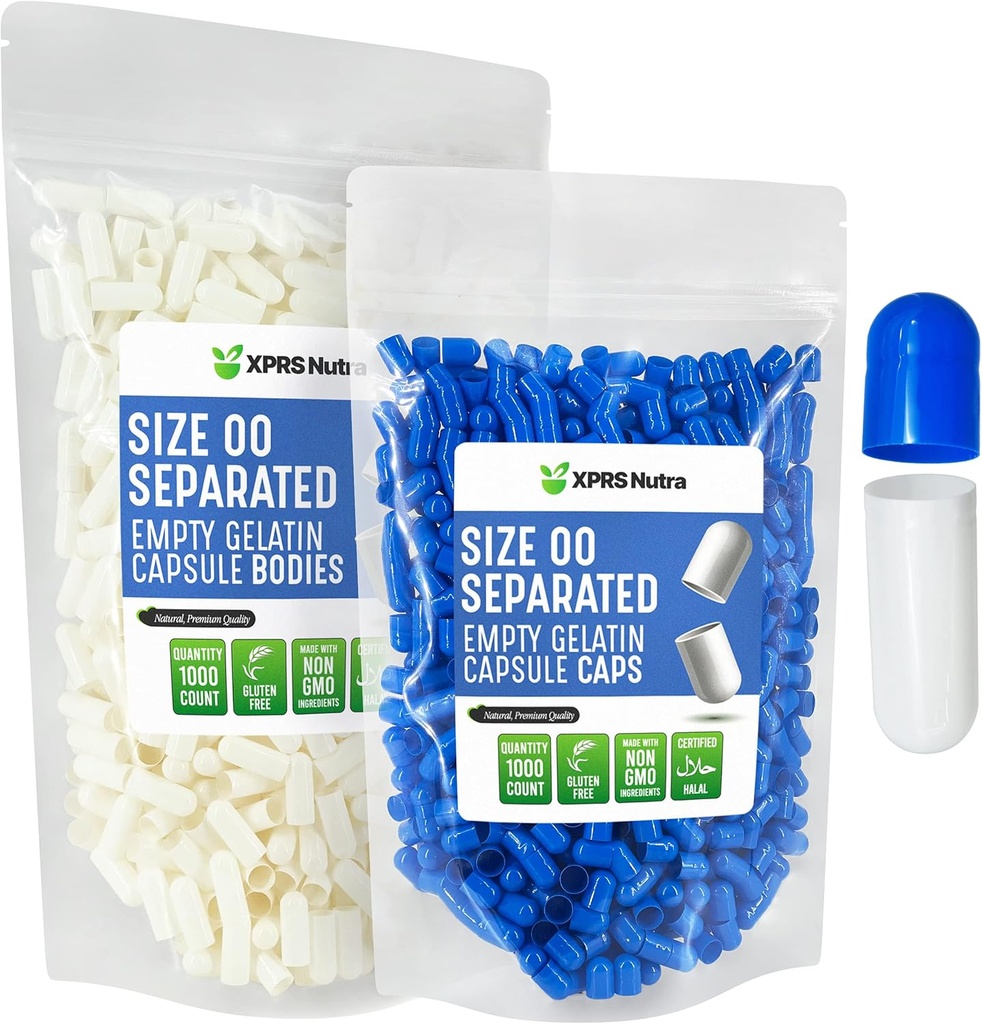 XPRS Nutra Getrennte Kapseln Größe 00-1000 Count Leere Gelatin Kapseln Getrennt in Taschen - Premium Leere 00 Pillen für DIY Supplement Füllung (blau/weiß)