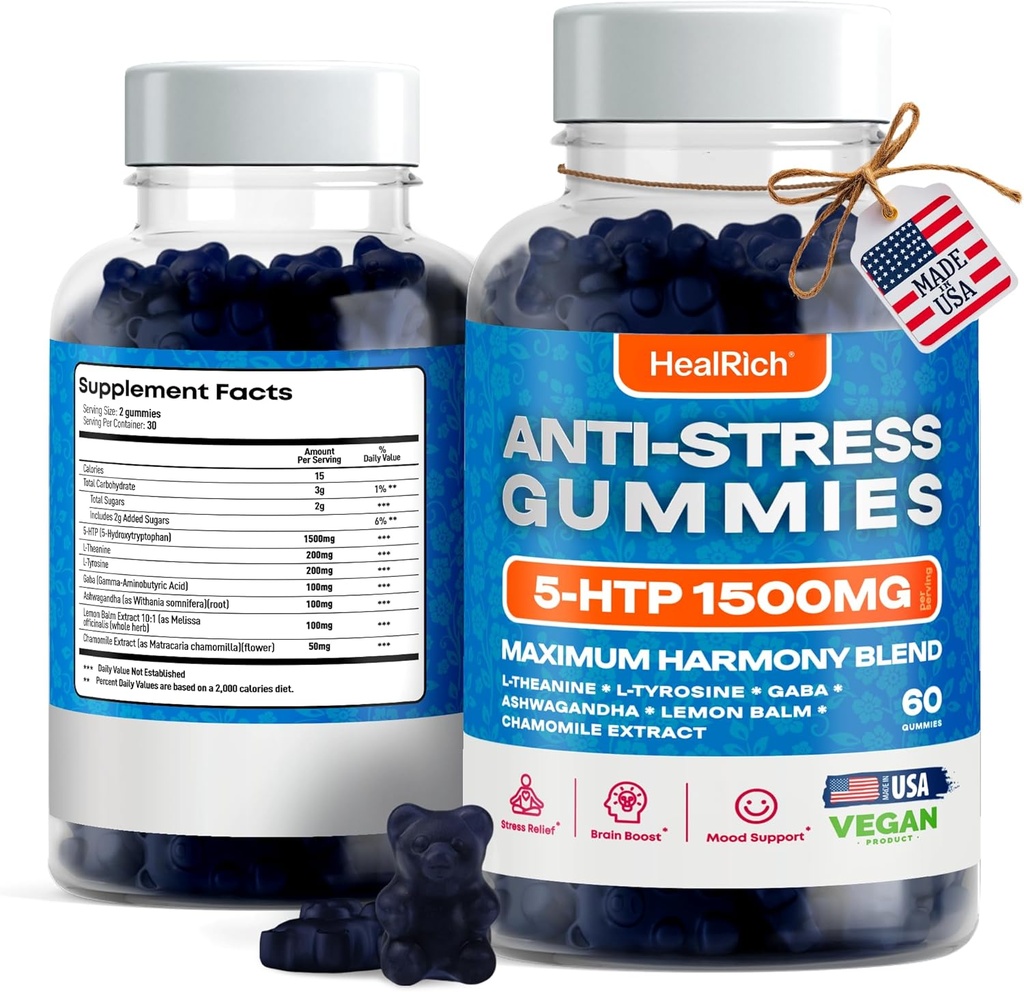 Stress Relief Gummi - 1500MG 5HTP mit L-Theanine Gaba & L-Tyrosine - Ashwagandha Kräuterergänzung unterstützt Intellectual Alertness Vegan Gehirn Mood Booost Ergänzungen für Kinder & Erwachsene Made in USA