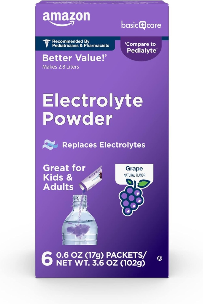 Soins de base en poudre d'électrolyte pour la réhydratation pour les enfants et les adultes, arômes de raisin, 6 comtes (paquet de 1)