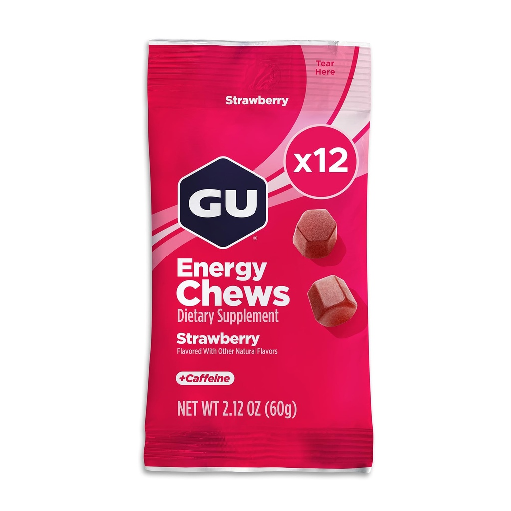 GU Energy Chews, Strawberry Energy Gummies avec électrolytes, végétalien, sans gluten, casher, 20 mg de caféine, et l'énergie en cours de route sans lait pour tout entraînement, 12 sacs (24 portions Total)