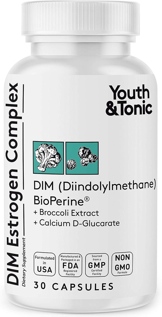 Gioventù & Tonico DIM BioPerine per Estrogen Metabolismo Supporto | Equilibrio di donne e uomini con Excess Estrogen Blocker | Integratore Diindolylmethane - 30 pillole