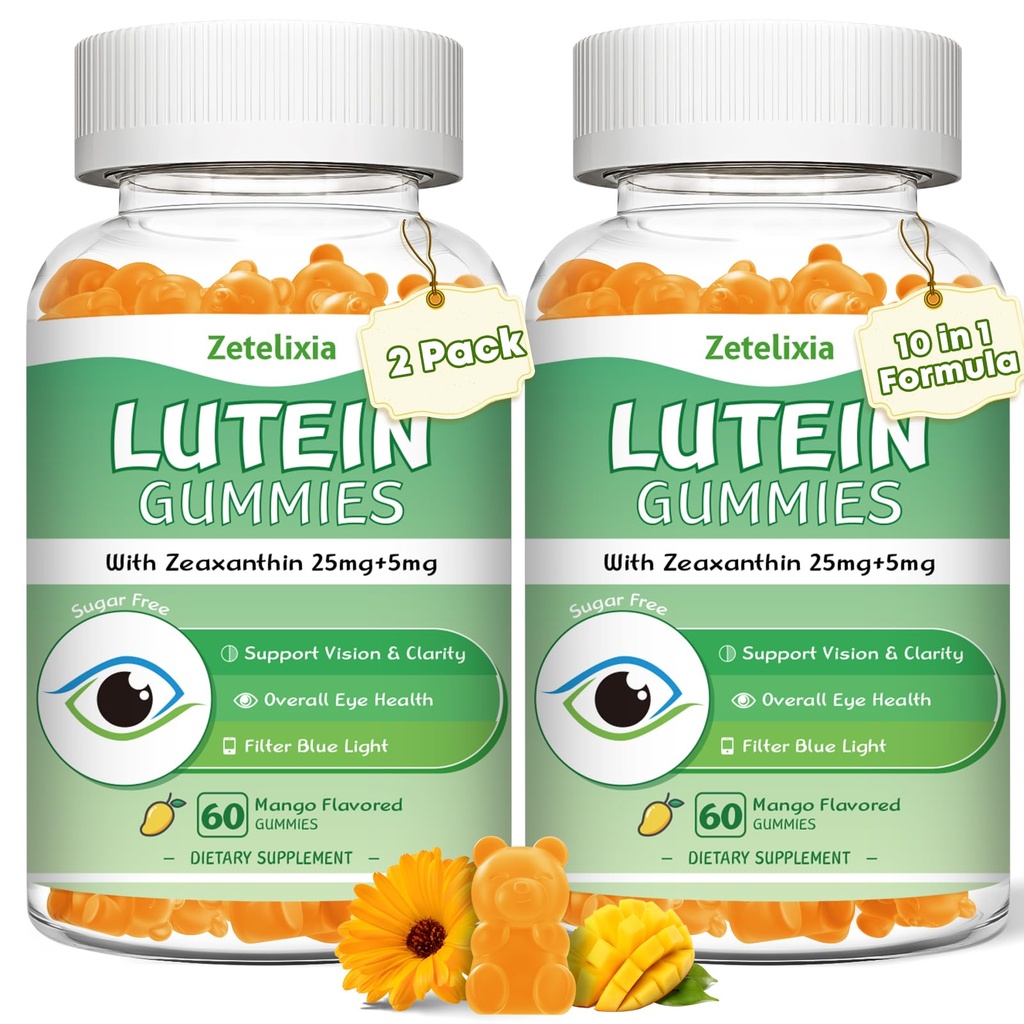 2 Pack Lutein Gummi 25mg, Sugar Free Lutein Zeaxanthin ergänzt Gummi, Augengesundheitsergänzung für Erwachsene, Augen Vitamine Lutein für Vision und blauen Lichtschutz, Mango Flavor, 120 Count