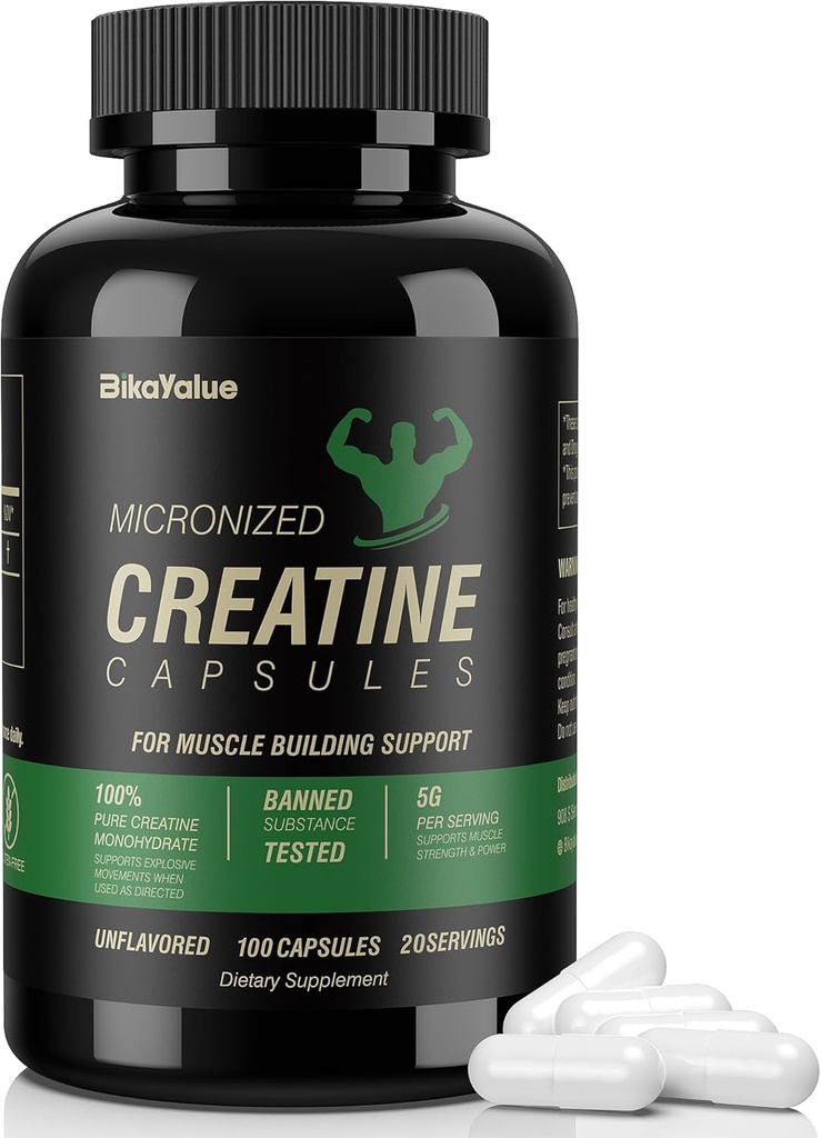 Mikronisierte Kreatin Monohydrat Kapseln, Kreatin Kapseln Ergänzung für Muskel, Stärke, Leistung, Energie, Erholung, Glutenfreie Kreatin für Frauen und Männer, 100 Kapseln (20 Servierungen)