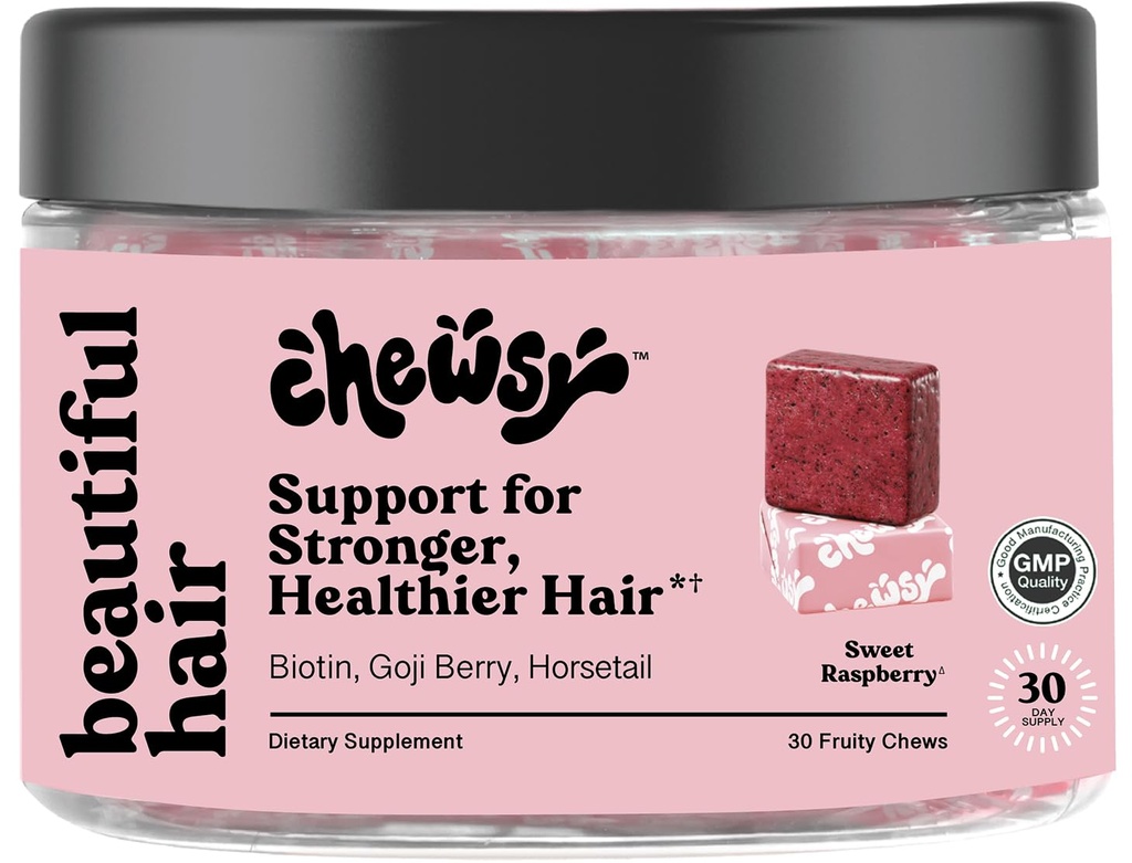 Chewsy - Bella Capelli - Supporto per capelli più forti, sani - con Biotina, Estratto di coda di cavallo, Goji Berry & Vitamins - Dolce Raspberry, Alimentazione di 30 giorni
