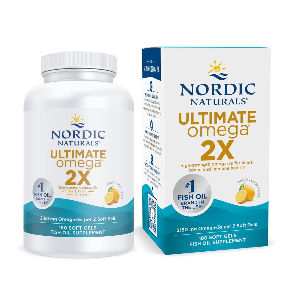 Nordic Naturals Ultimate Omega 2X, Zitronengeschmack - 180 Soft Gels - 2150 mg Omega-3 - Hochwirksames Fischöl mit EPA & DHA - fördert die Gesundheit von Gehirn und Herz - Nicht-GVO - 90 Portionen