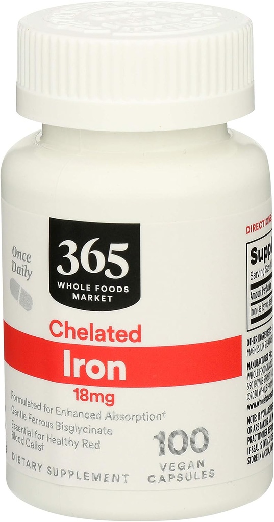 365 par Marché des aliments entiers, Fer Chélaté 18Mg, 100 Capsules de Veg (paquet de 2)