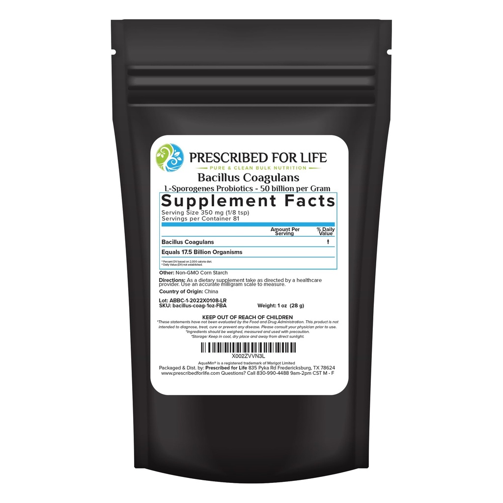 Prescritto per la vita Bacillus Coagulans Polvere, Lactobacillus Supplemento per Gut Health Support, Temperatura e Shelf Stable Probiotics, L. Sporogenes (50 Billion/Gram) (1oz / 28g)