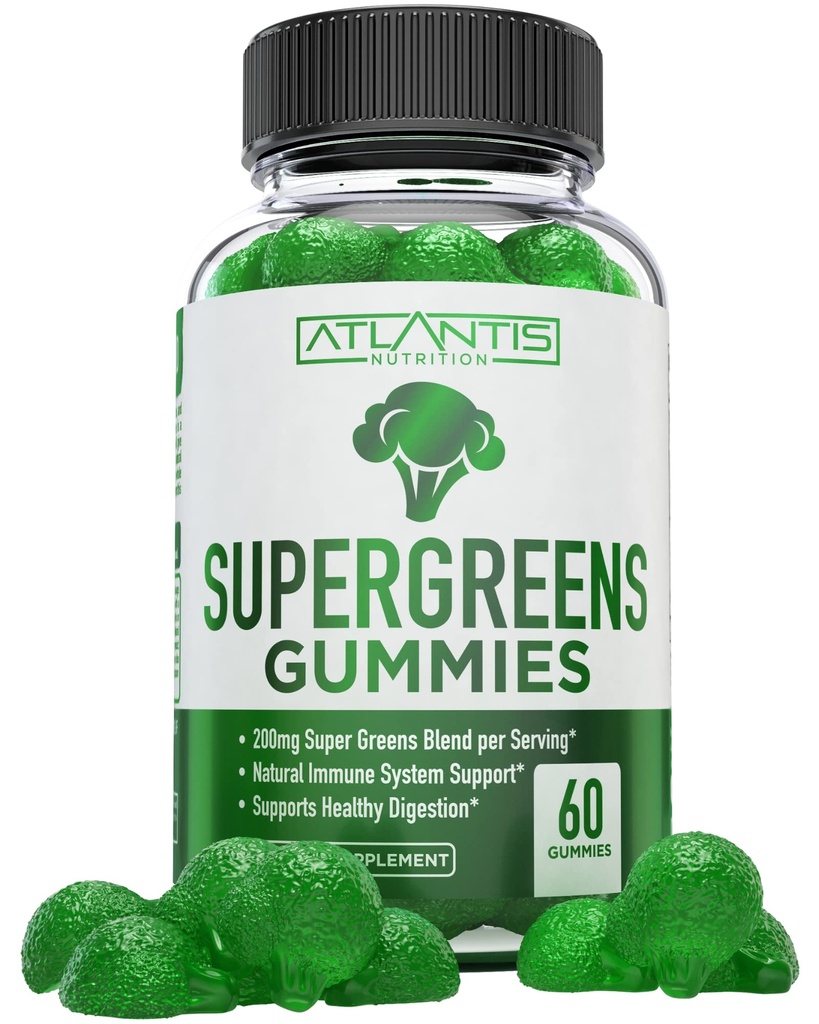 Atlantis Nutrition Supergreens Gummies - Supplément quotidien de superaliments verts avec épinards, brocoli, moringa, racine de betterave, celery, thé vert et açai pour le soutien immunitaire - Flacon de framboise naturel, 60 cnt
