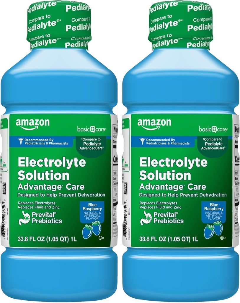 Basic Care Elektrolytlösung Vorteil Pflege mit PreVital Prebiotics, Blue Raspberry, entwickelt, um Dehydration zu verhindern, ersetzt Elektrolyte, Fluid und Zink, 33.8 fl oz (Pack von 2)