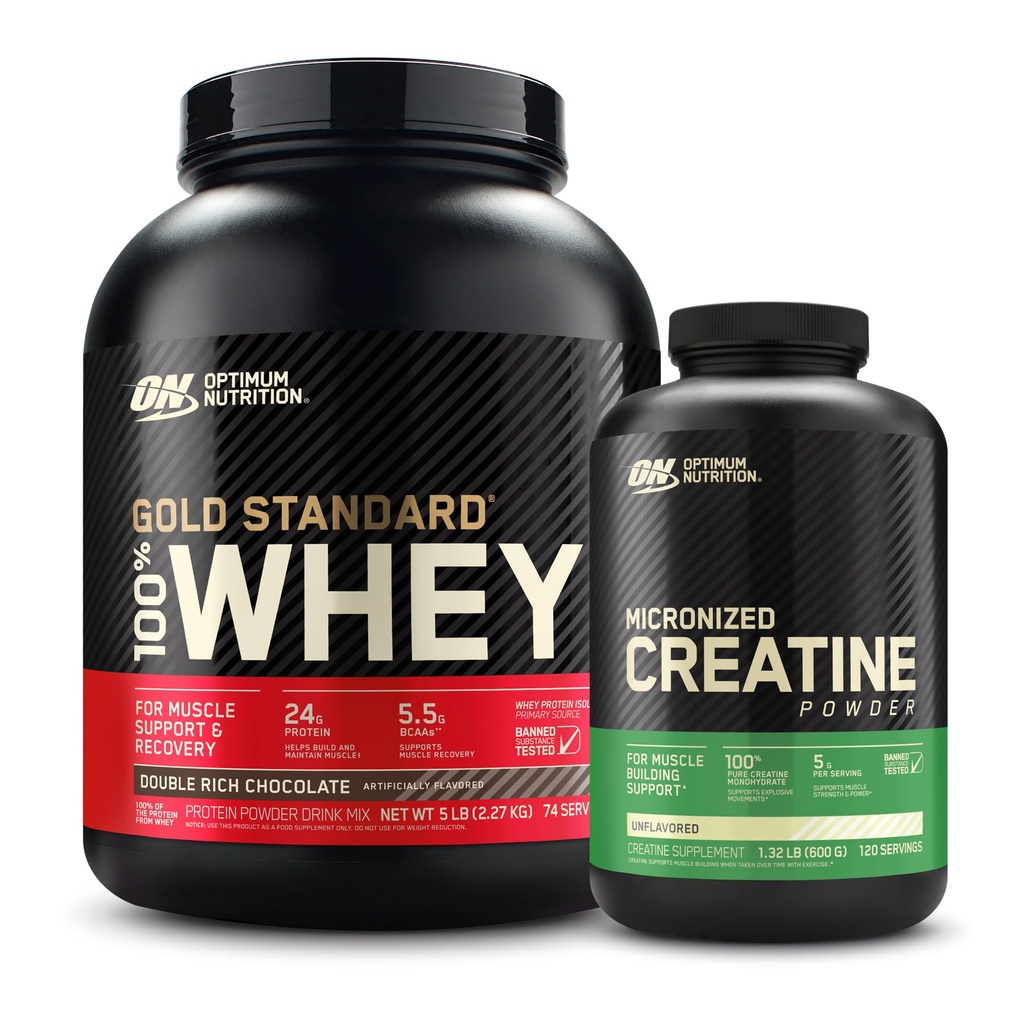 Optimum Nutrition 100% Gold Standard Whey Protein Pulver: Double Rich Chocolate (5 Pfund) mit Micronized Creatine Monohydrat Pulver, Unflavored (120 Servierungen) - Bundle Pack