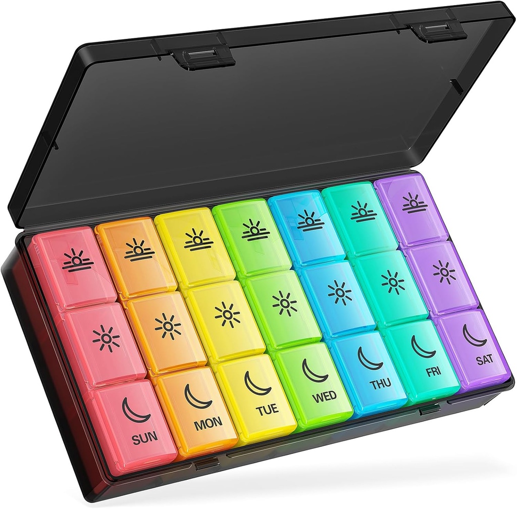 Organisateur de pilules BUG HULL 3 fois par jour, grand organisateur hebdomadaire de pilules de médicaments 3X par jour, boîte à pilules de 7 jours Cas le midi matin soir pour la vitamine, huile de morue-Liver, suppléments (Rainbow Black)