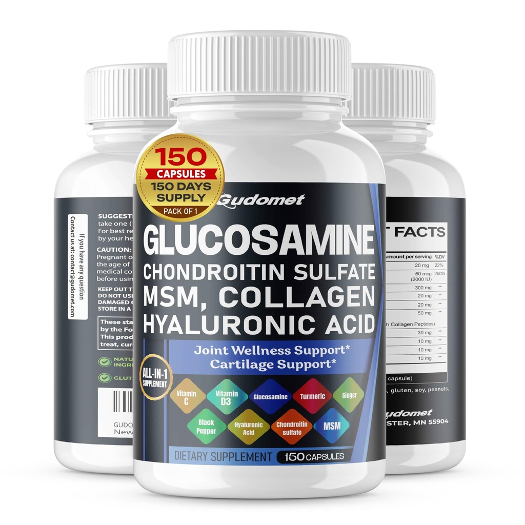 Glucosamin Chondroitinsulfat Methylsulfonylmethan Hyaluronsäure Kurkuma Ingwer Vitamin C, D3, Schwarzer Pfeffer -150 Kapseln