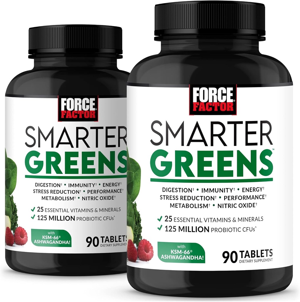 FORCE FACTOR Smarter Greens Tablets, 2-Pack, Greens Supplement mit 25+ Superfoods und Antioxidantien, um Verdauung zu verbessern, Stress zu reduzieren, Immunität zu stärken und Stoffwechsel zu unterstützen, 180 Tabletten