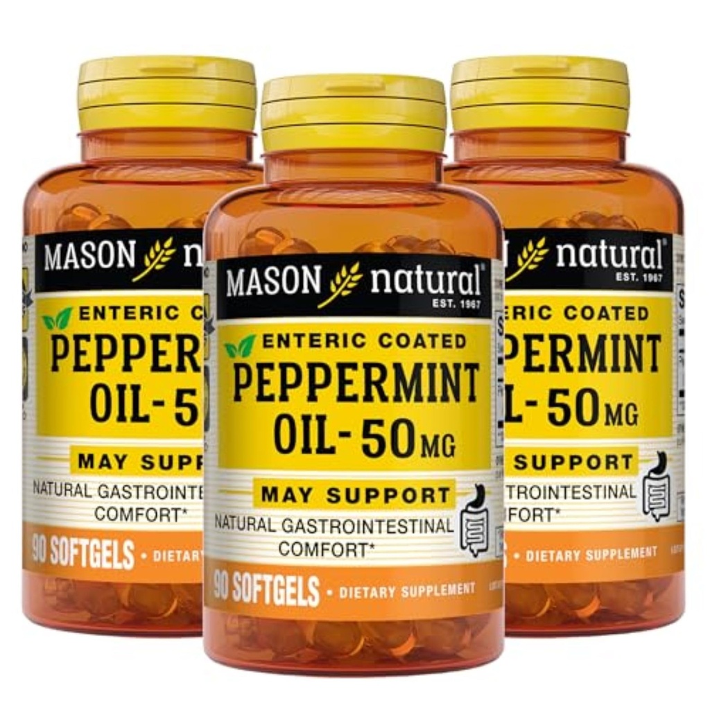 MASON NATURAL Peppermint Oil 50 mg Enteric Coated Supplement, 270 giorni Fornitura di supporto gastrointestinale per l'asciugamano normalmente funzionante, Softgel Pills