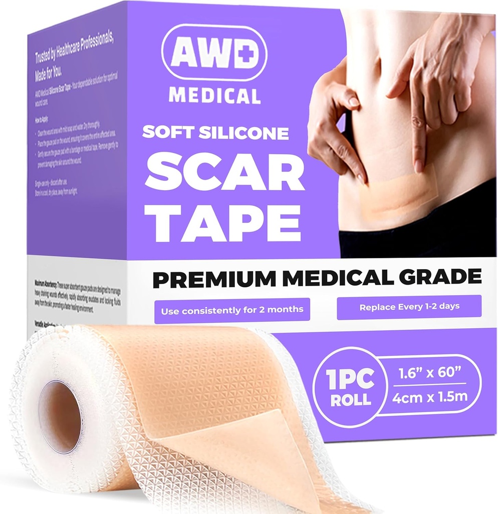 Feuilles de cicatrices en silicone AWD pour cicatrices chirurgicales - Ruban de cicatrices en silicone de qualité médicale sans couture pour la section C, ruban tuck tummy - Patchs de peau en silicone après chirurgie doit avoir (1.6" x 60" rouleau sans couture)