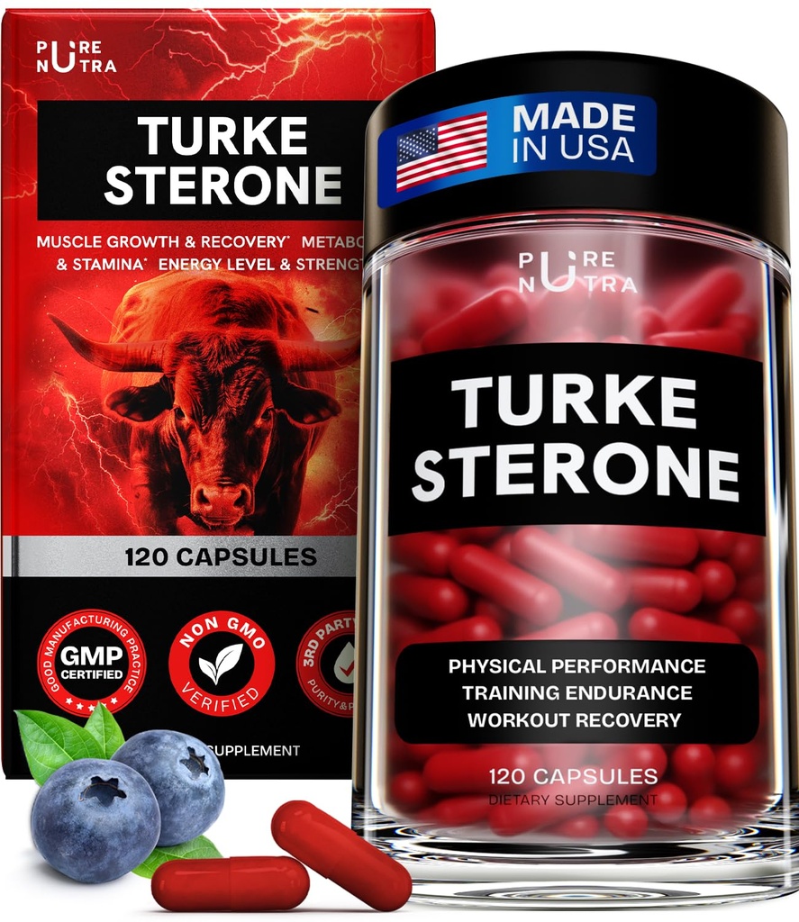 Turkesterone Ergänzung für Männer - Organic Turkesterone Ergänzung für Muskelwachstum w/Fadogia Agrestis Pterostilbene | Complexed Turkesterone Powder | 120 Turkestrone Vegan Kapseln 1 Packung