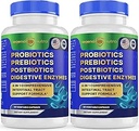 Probiotici + Prebiotici Postbiotici Enzimi Digestivi = 4 in 1 Formula Supplemento per Migliore Digestione Salute Donne, Uomini e Gut, 2-Pack, 120 Conte