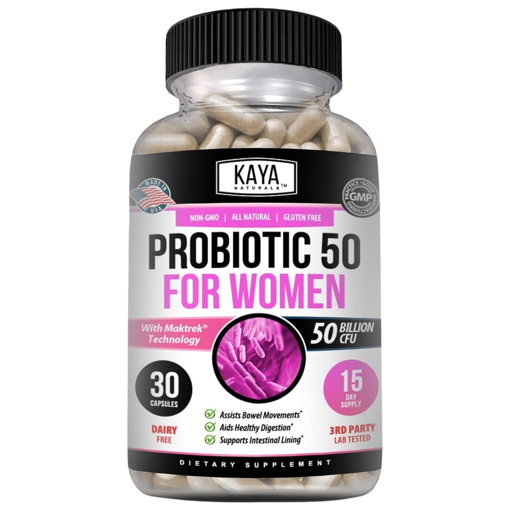 Kaya Naturals Probiotic 50 Billion CFU - Probiotics for Women, Probiotics for Men and Adults, Natural - Gut Health & Immune Support Supplement - Bietet Verdauungsunterstützung - 30 Gemüsekapseln