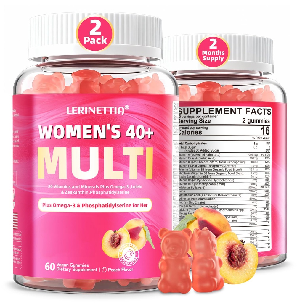 Multivitaminico per Donne Gummies per 40+ con Omega-3, Niacinamide, B-Complex, Lutein, Ferro da stiro, Choline, Fosfatidilserine, Vitamina D3 per Pelle, Capelli, Energia, Immune, Bone - Vegan, Zucchero Libero, 120Cts