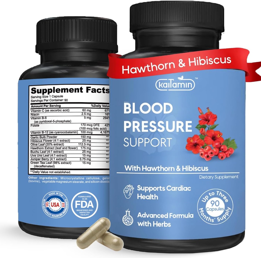 Blutdruckunterstützungsergänzung – Natürliches Hawthorn, Hibiscus, Knoblauch & Olivenblatt – Herzgesundheit & Zirkulationsunterstützung – B12, B6 – Vegan, Non-GMO – 90 Caps (3-Monats-Versorgung)