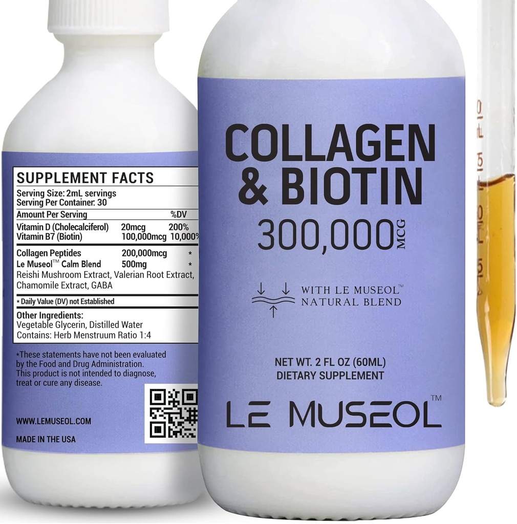 Flüssiges Kollagen für Frauen, 300.000mcg flüssiges Biotin und Kollagen-Ergänzungen Tropfen für Haar, Nail Growth Glowing Skin - 60ml