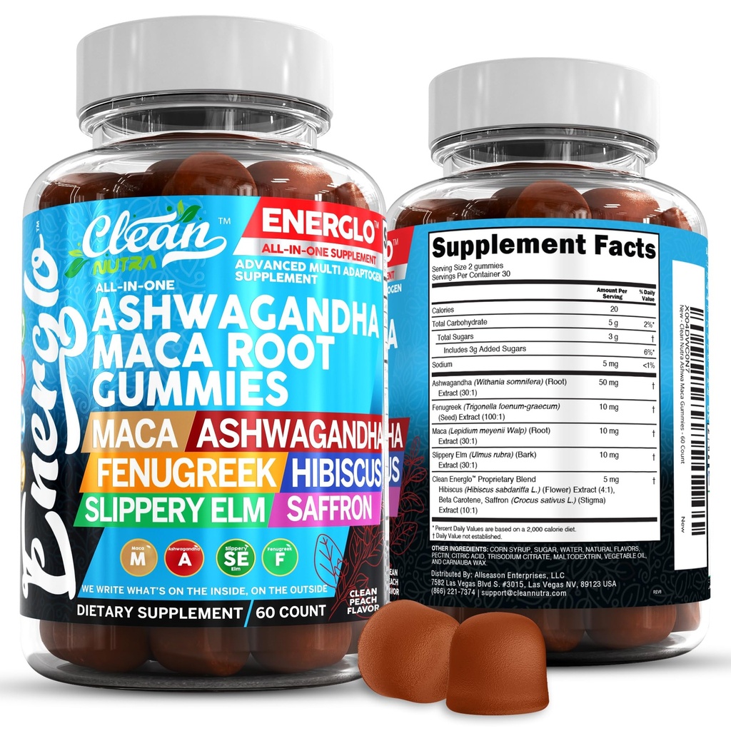 Ashwagandha Maca Gommies de racine avec Fenugreek Hibiscus Slippery Elm Extrait de safran & Beta Carotène.
