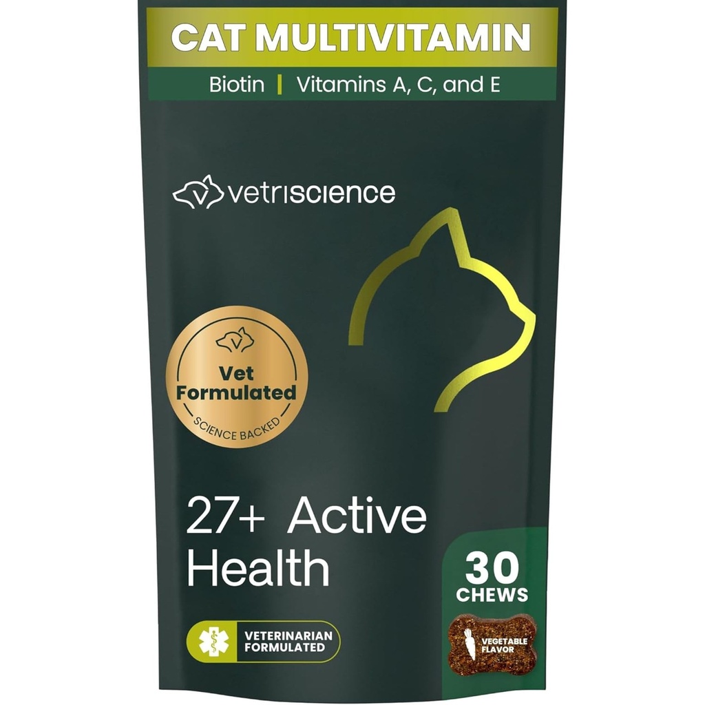 VetriScience 27+ Cuciture di salute attive, Nu Cat Daily Multivitamin per gatti e gattini, Vitamine bilanciate, Minerali e Antiossidanti, Assistenza sanitaria e benessere, Pesce, 30 Conte