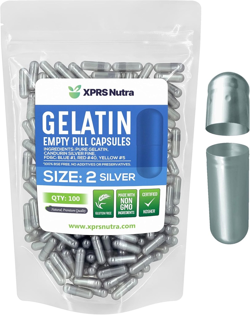 XPRS Nutra Größe 2 Leere Kapseln - 100 Count Leere Gelatine Kapseln - Pillen DIY Kapsel Füllung - Pure Bovine Pille Gel Kapseln für Do-It-Yourself Ergänzungen (Silber)