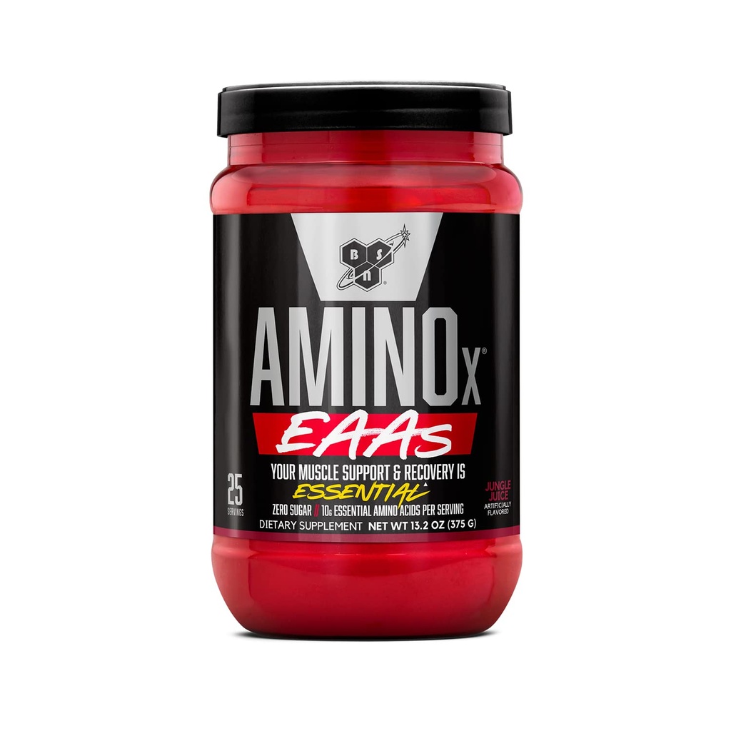 BSN Amino X EAA, Récupération musculaire et Endurance, 10g acides aminés essentiels, 5g BCAA, sucre zéro, sans caféine, jus de jungle, 13.2oz, 25 portions