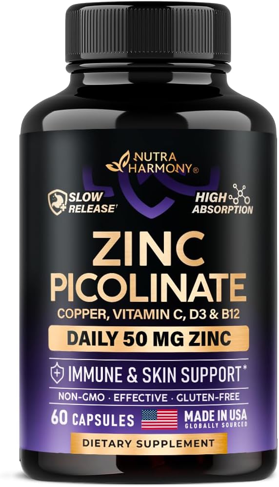 Picolinate de zinc 50mg - Supplément de zinc avec Cuivre, Vitamine D3 & B12 - Stomach Friendly Release - Soutien immunitaire et santé de la peau - Haute absorption avec BioPerine et Vitamine C - 60 Capsules
