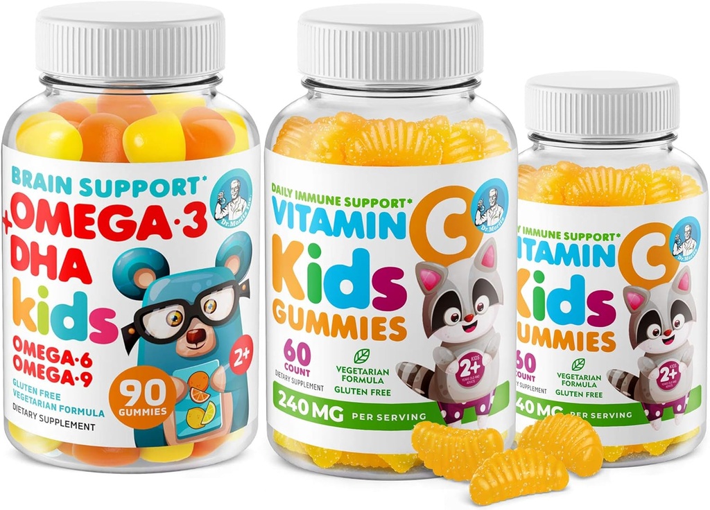 Omega-3 DHA Gummies & Vitamin C Gummies for Kids & Adults – Immune Support, Low-Sugar, Gelatin-Free, Vegetarian, Chewable Vitamins for Toddlers